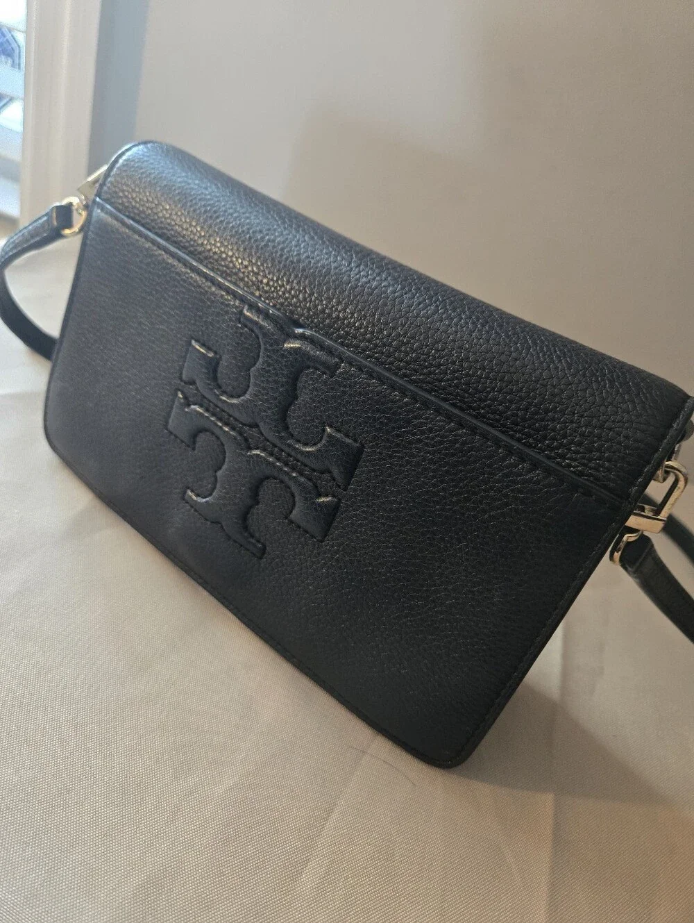 Tory Burch Bombe T Small Crossbody Bag in classic black.